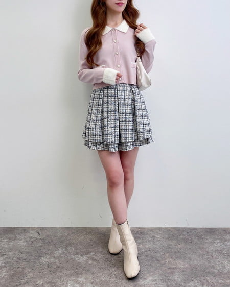 INGNI(イング) フェザー襟配色ニットカーディガン ピンク/オフホワイト