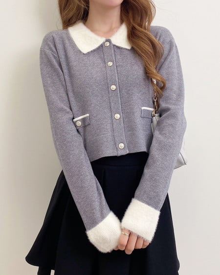 INGNI(イング) フェザー襟配色ニットカーディガン グレー/オフホワイト