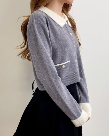 INGNI(イング) フェザー襟配色ニットカーディガン グレー/オフホワイト