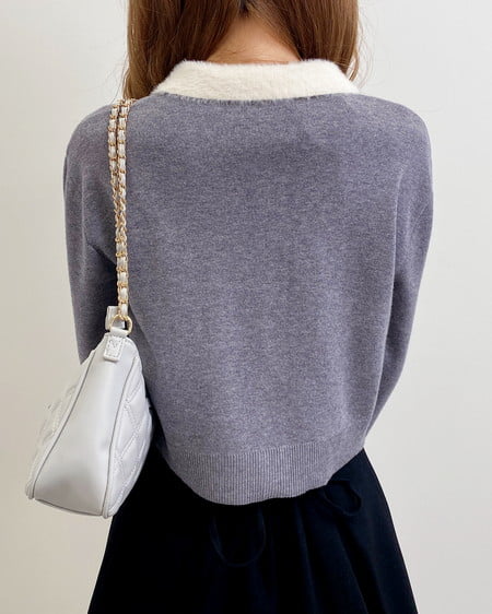 INGNI(イング) フェザー襟配色ニットカーディガン グレー/オフホワイト