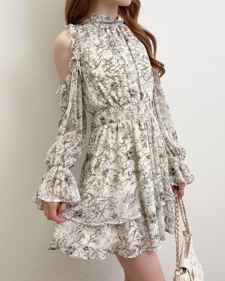 2Wayリボン肩あき花柄ワンピース