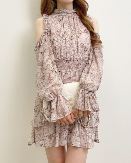 2Wayリボン肩あき花柄ワンピース