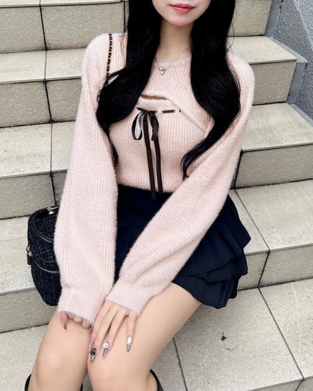 INGNI(イング) フェザーリブデコルテオープンリボンニット ピンク