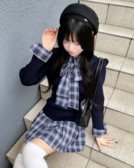 INGNI（イング） チェック柄ボウタイシャツドッキングニットワンピース ｺﾝ/ｺﾝ