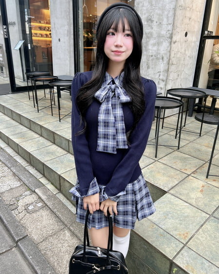 INGNI（イング） チェック柄ボウタイシャツドッキングニットワンピース ｺﾝ/ｺﾝ