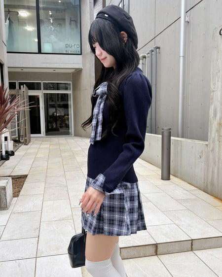 INGNI（イング） チェック柄ボウタイシャツドッキングニットワンピース ｺﾝ/ｺﾝ