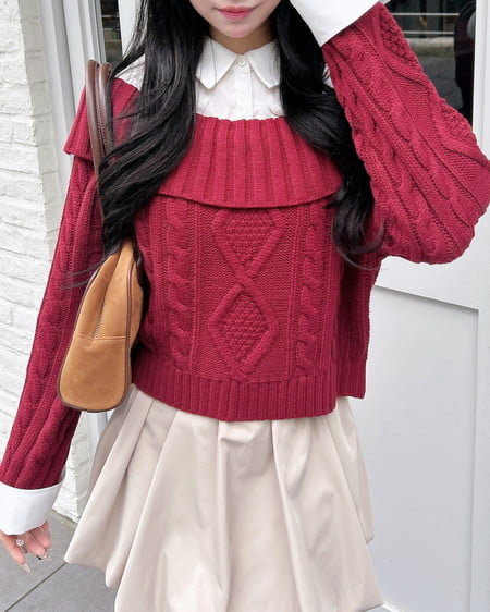 シャツレイヤード風ケーブルオフショルニット