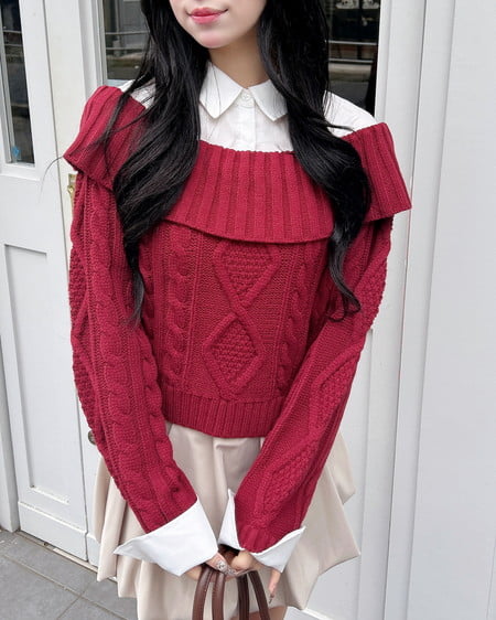 INGNI（イング） シャツレイヤード風ケーブルオフショルニット ﾎﾞﾙﾄﾞｰ/ｵﾌﾎﾜｲﾄ