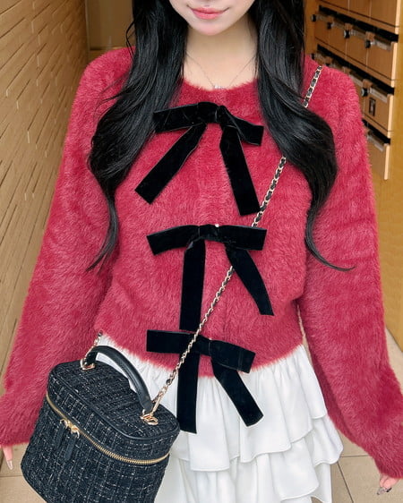 INGNI(イング) ベロアリボンフェザーニットカーディガン ボルドー