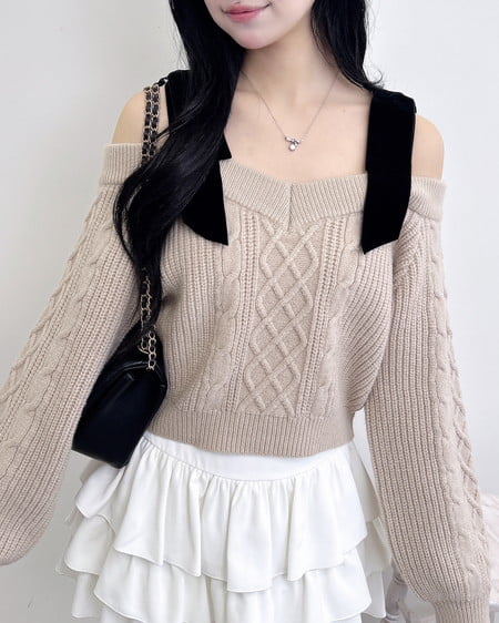 INGNI（イング） 2Wayベロアリボンオフショルケーブルニット ﾍﾞｰｼﾞｭ