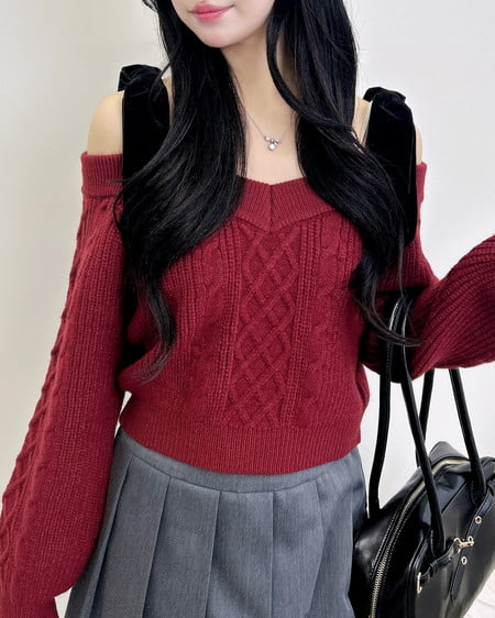 INGNI（イング） 2Wayベロアリボンオフショルケーブルニット ﾎﾞﾙﾄﾞｰ