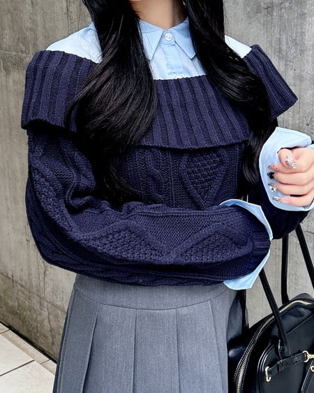 シャツレイヤード風ケーブルオフショルニット
