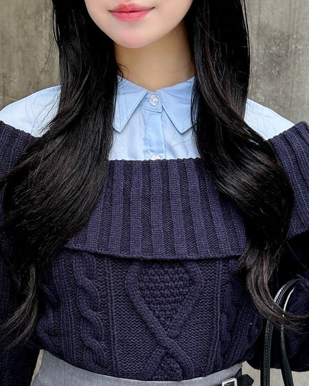 INGNI（イング） シャツレイヤード風ケーブルオフショルニット ｺﾝ/ﾌﾞﾙｰ