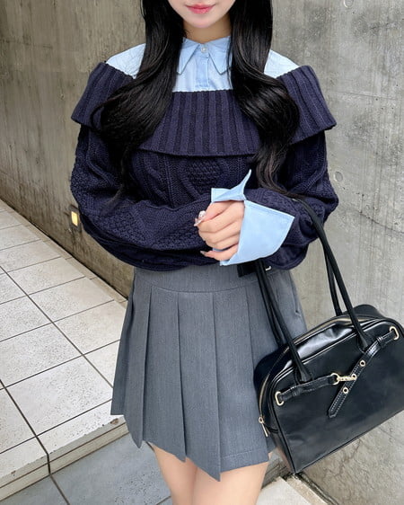 INGNI（イング） シャツレイヤード風ケーブルオフショルニット ｺﾝ/ﾌﾞﾙｰ