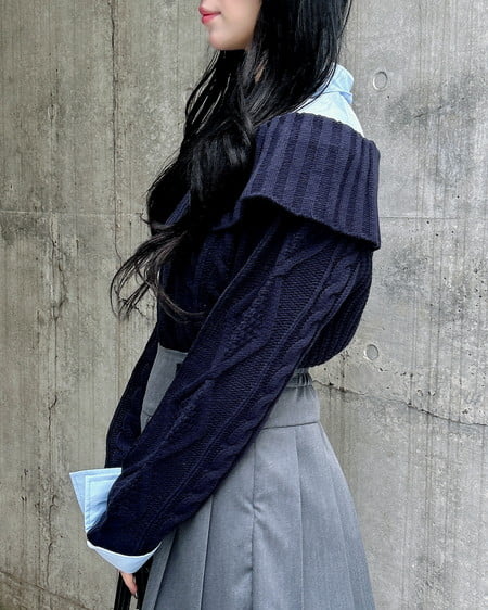 INGNI（イング） シャツレイヤード風ケーブルオフショルニット ｺﾝ/ﾌﾞﾙｰ