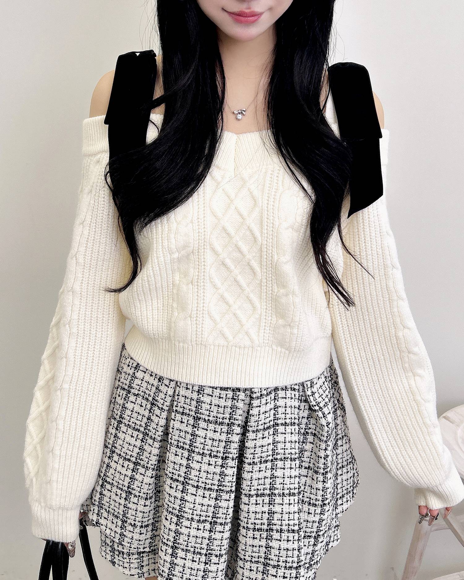 2Wayベロアリボンオフショルケーブルニット