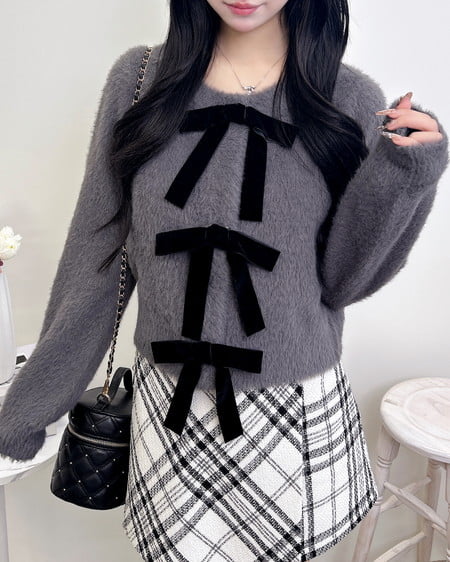 INGNI(イング) ベロアリボンフェザーニットカーディガン チャコールグレー