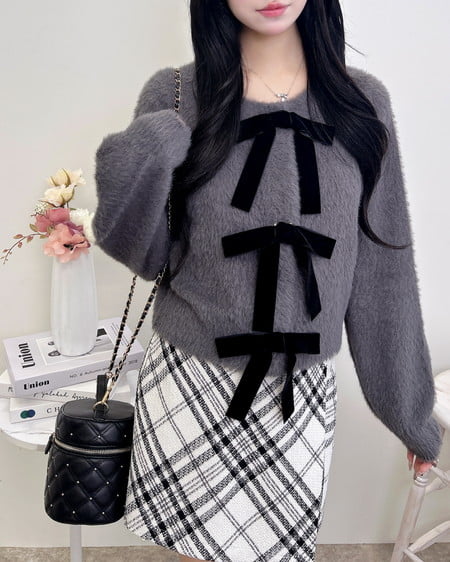 INGNI(イング) ベロアリボンフェザーニットカーディガン チャコールグレー