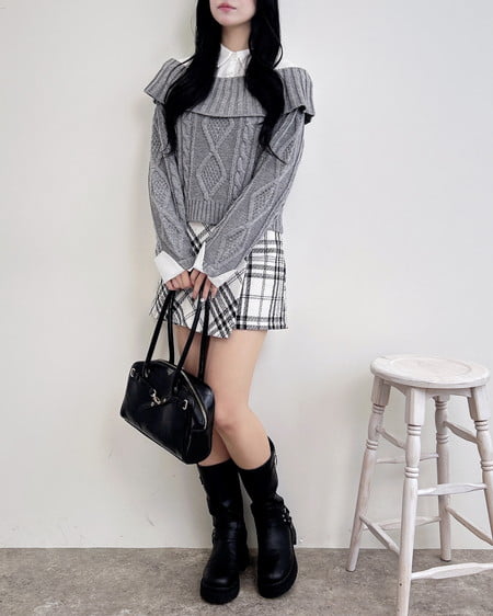 INGNI（イング） シャツレイヤード風ケーブルオフショルニット ｸﾞﾚｰ/ｵﾌﾎﾜｲﾄ