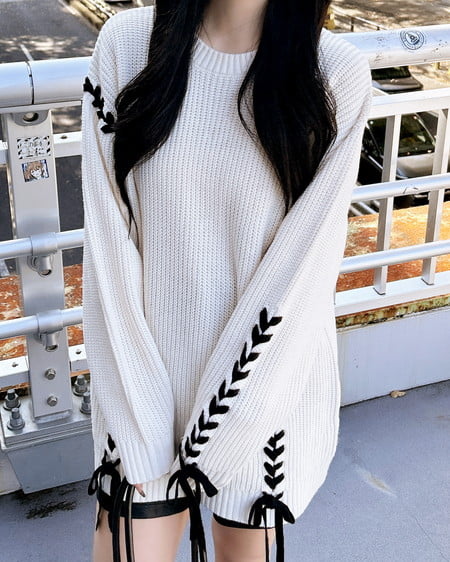 INGNI(イング) レースアップチュニックニット オフホワイト/クロ