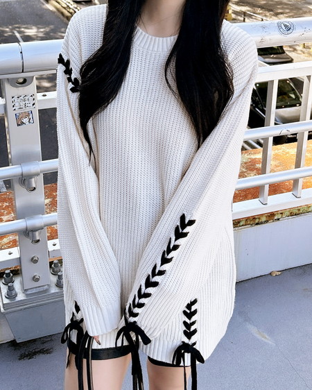 レースアップチュニックニット