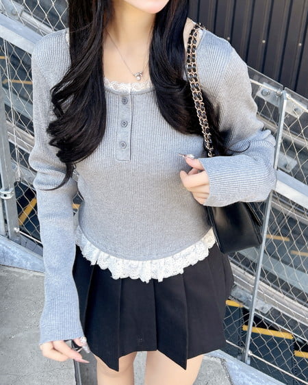 INGNI(イング) フリルレース付ヘンリーネックニット グレー