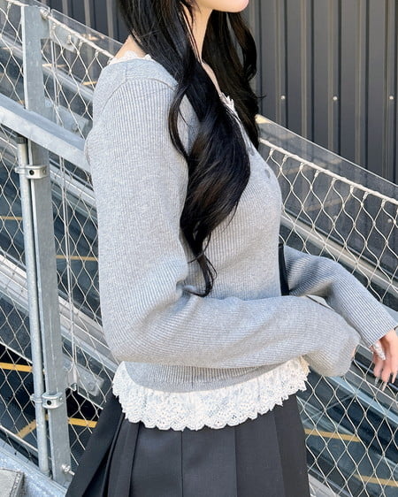 INGNI(イング) フリルレース付ヘンリーネックニット グレー