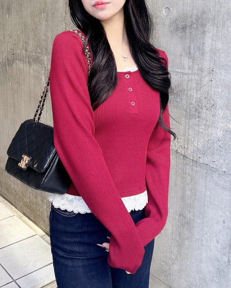 INGNI(イング) フリルレース付ヘンリーネックニット ボルドー