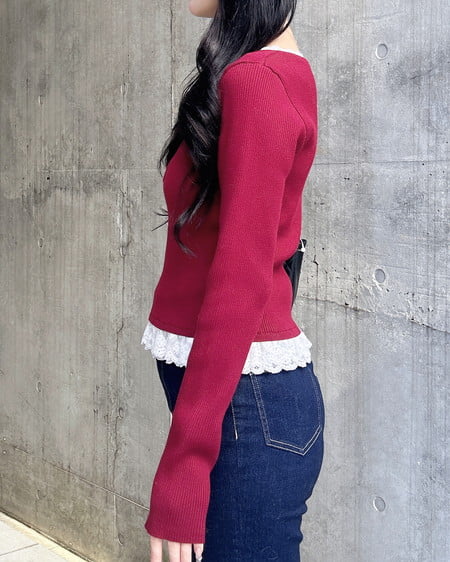 INGNI(イング) フリルレース付ヘンリーネックニット ボルドー