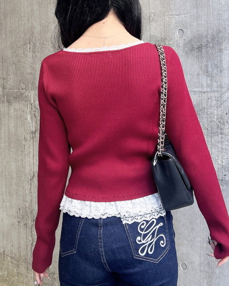 INGNI(イング) フリルレース付ヘンリーネックニット ボルドー