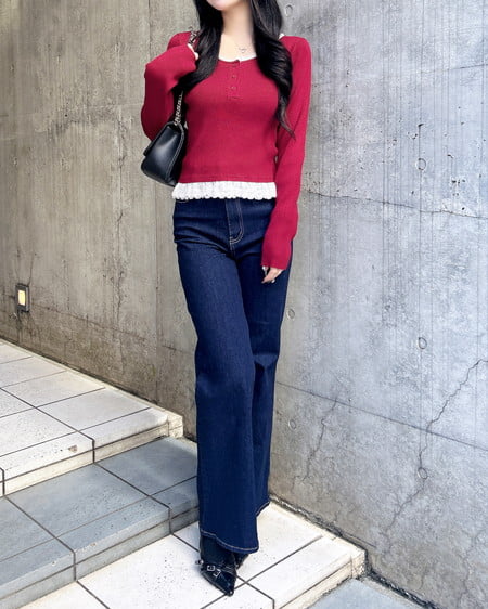 INGNI(イング) フリルレース付ヘンリーネックニット ボルドー