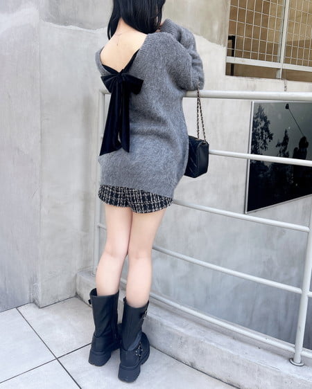 INGNI（イング） バックベロアリボンシャギーチュニックニット ﾁｬｺｰﾙｸﾞﾚｰ/A