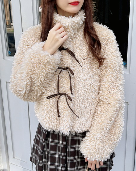 INGNI(イング) リボン付スタンドボアブルゾン ベージュ