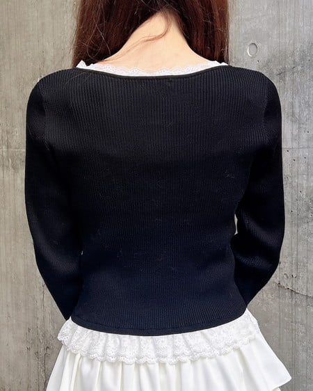 INGNI(イング) フリルレース付ヘンリーネックニット クロ