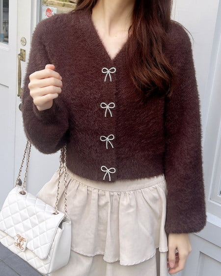 INGNI（イング） Vネックリボンボタンフェザーニットカーディガン ﾌﾞﾗｳﾝ