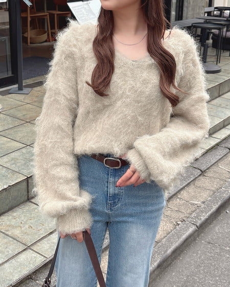 【期間限定価格】【プレミアムライン INGNI SOELA】ミックスシャギーVネックニット