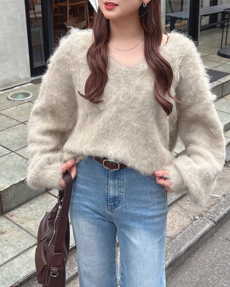 INGNI（イング） ミックスシャギーVネックニット ﾗｲﾄﾍﾞｰｼﾞｭ