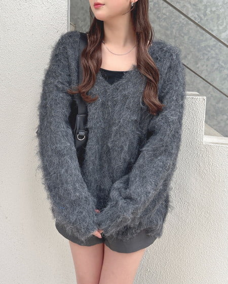 INGNI（イング） ミックスシャギーVネックニット ﾁｬｺｰﾙｸﾞﾚｰ