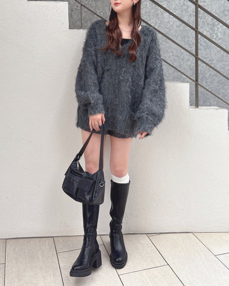 INGNI（イング） ミックスシャギーVネックニット ﾁｬｺｰﾙｸﾞﾚｰ