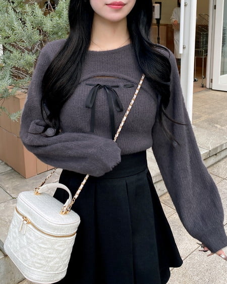 INGNI（イング） フェザーリブデコルテオープンリボンニット ﾁｬｺｰﾙｸﾞﾚｰ