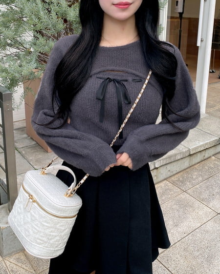 INGNI（イング） フェザーリブデコルテオープンリボンニット ﾁｬｺｰﾙｸﾞﾚｰ