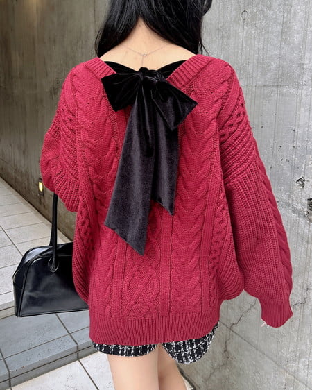 バックベロアリボンケーブルチュニックニット