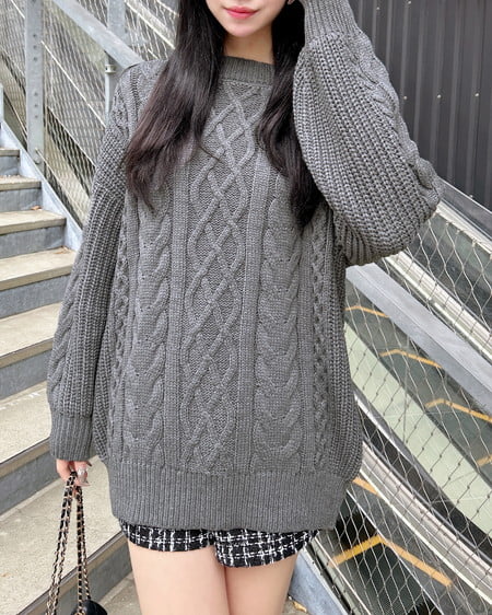 INGNI(イング) バックベロアリボンケーブルチュニックニット チャコールグレー/クロ