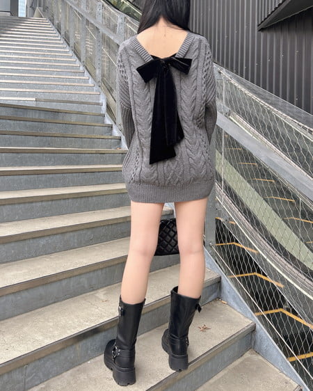 INGNI(イング) バックベロアリボンケーブルチュニックニット チャコールグレー/クロ