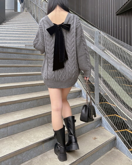 INGNI(イング) バックベロアリボンケーブルチュニックニット チャコールグレー/クロ