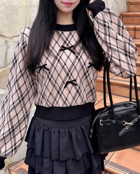 チェック柄ジャガードリボンニット