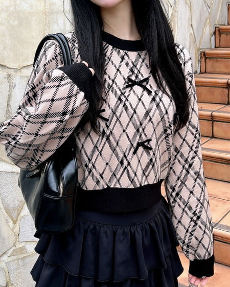 INGNI（イング） チェック柄ジャガードリボンニット ﾍﾞｰｼﾞｭ/ｸﾛ
