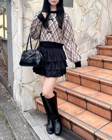 INGNI（イング） チェック柄ジャガードリボンニット ﾍﾞｰｼﾞｭ/ｸﾛ