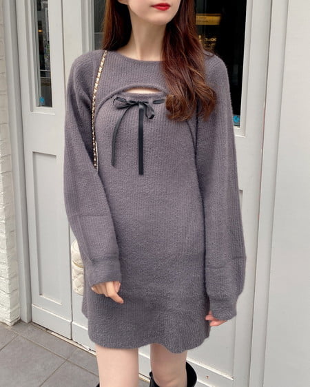 INGNI（イング） フェザーデコルテオープンニットワンピース ﾁｬｺｰﾙｸﾞﾚｰ