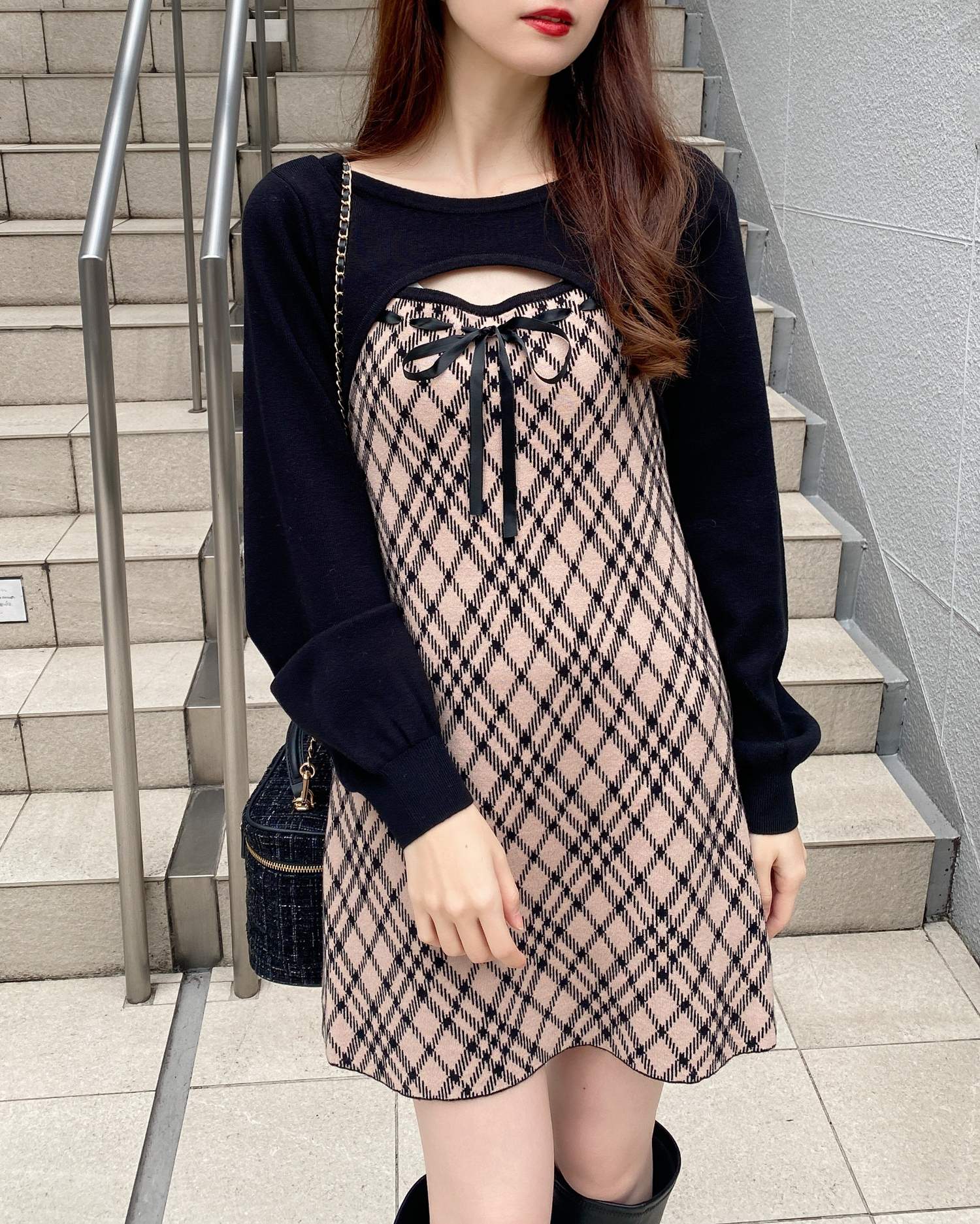 デコルテオープンチェック柄切替ニットワンピース